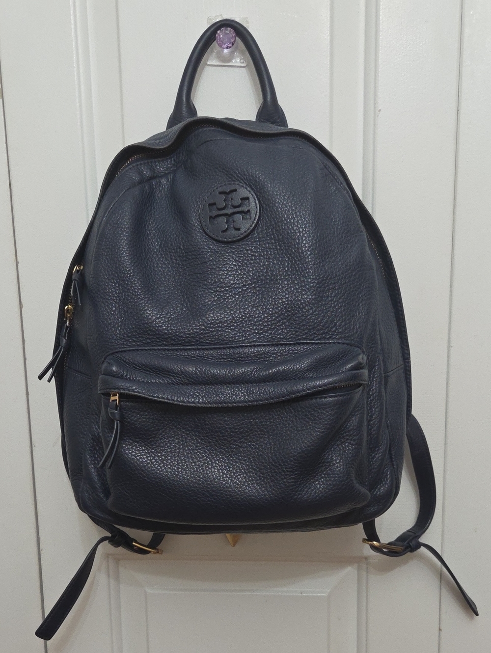 Tory Burch Navy Blue Logo Pebbled Leather Backpack